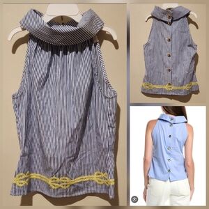 ❤️ SAIL TO SABLE EMBROIDERED BACK BUTTON COTTON POPLIN SLEEVELESS COWL NECK TOP,